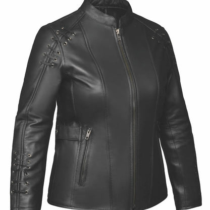 6829.00 - Ladies Premium Leather Jacket in black with zipper front and decorative stitching on sleeves and shoulders