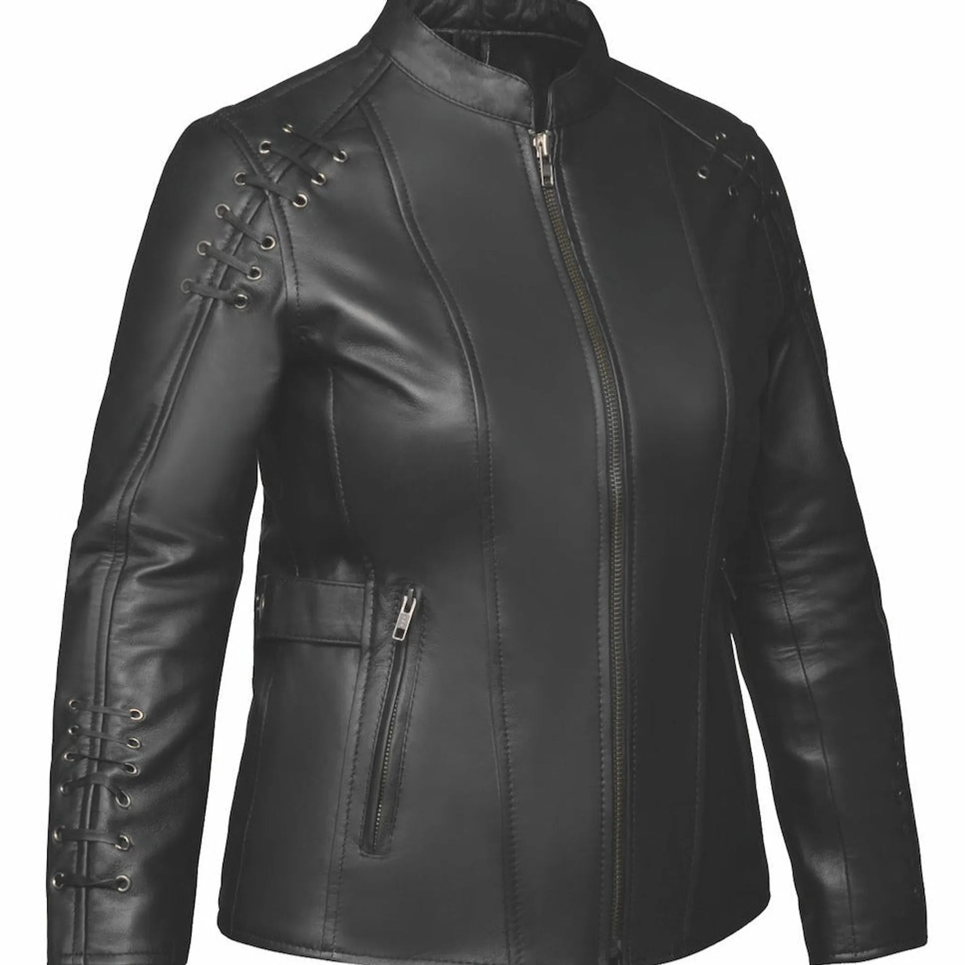 6829.00 - Ladies Premium Leather Jacket in black with zip front and lace-up detailing on sleeves and shoulders
