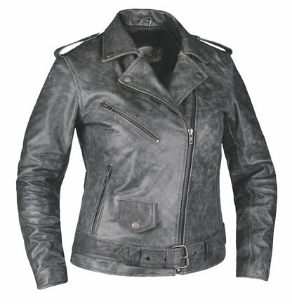 6832.GY - Ladies Premium Leather Jacket in distressed gray with zip pockets, belted waist, and shoulder epaulets.