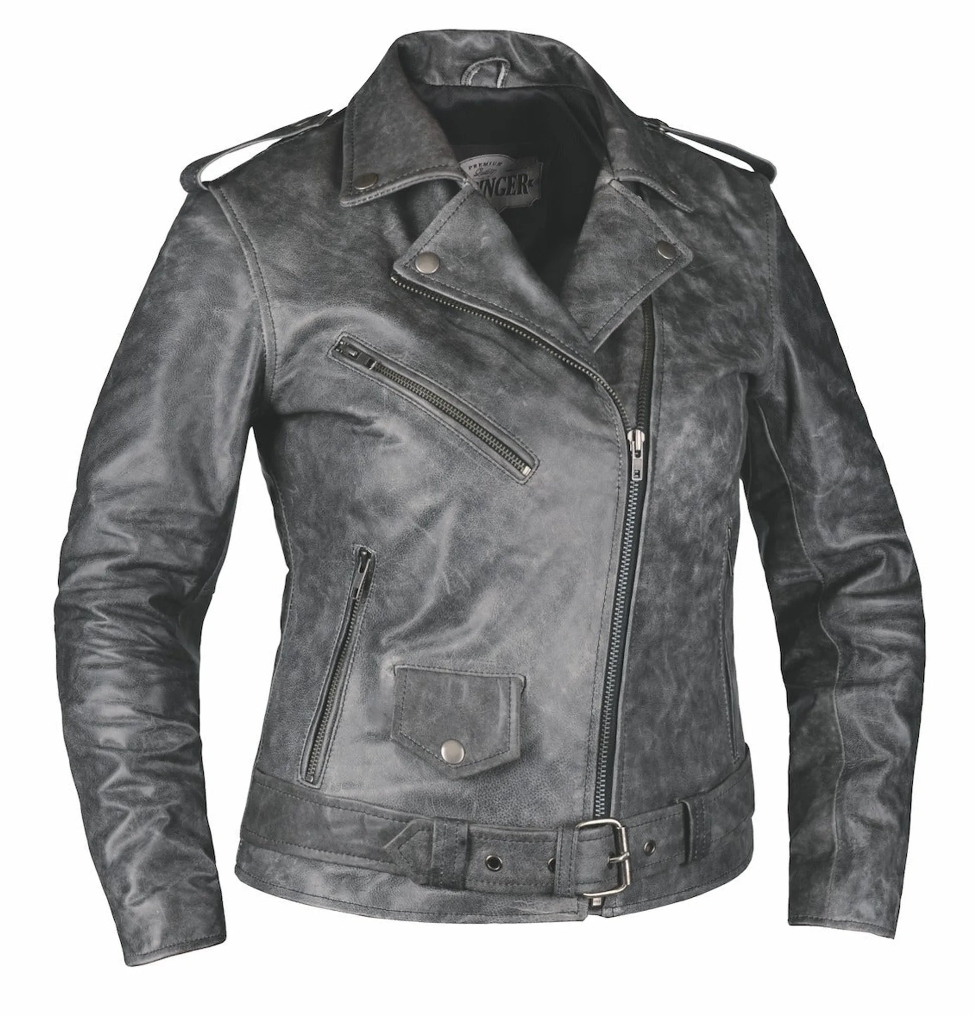 6832.GY - Ladies Premium Leather Jacket in gray with zip pockets, buckle waist, and classic biker style design.