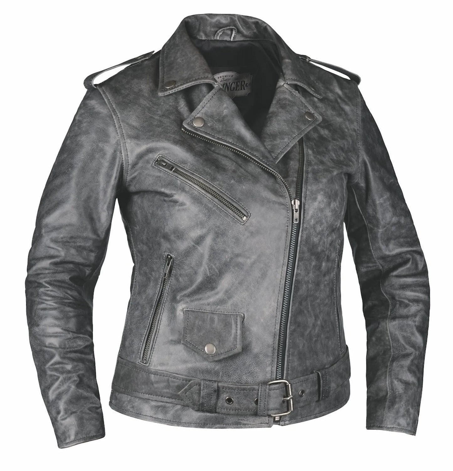 6832.GY - Ladies Premium Leather Jacket in worn gray with zippered pockets and belted waist detailing