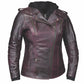 6841.17 - Ladies 3-in-1 Leather Jacket in deep burgundy with zippered pockets and detachable black hood layered design