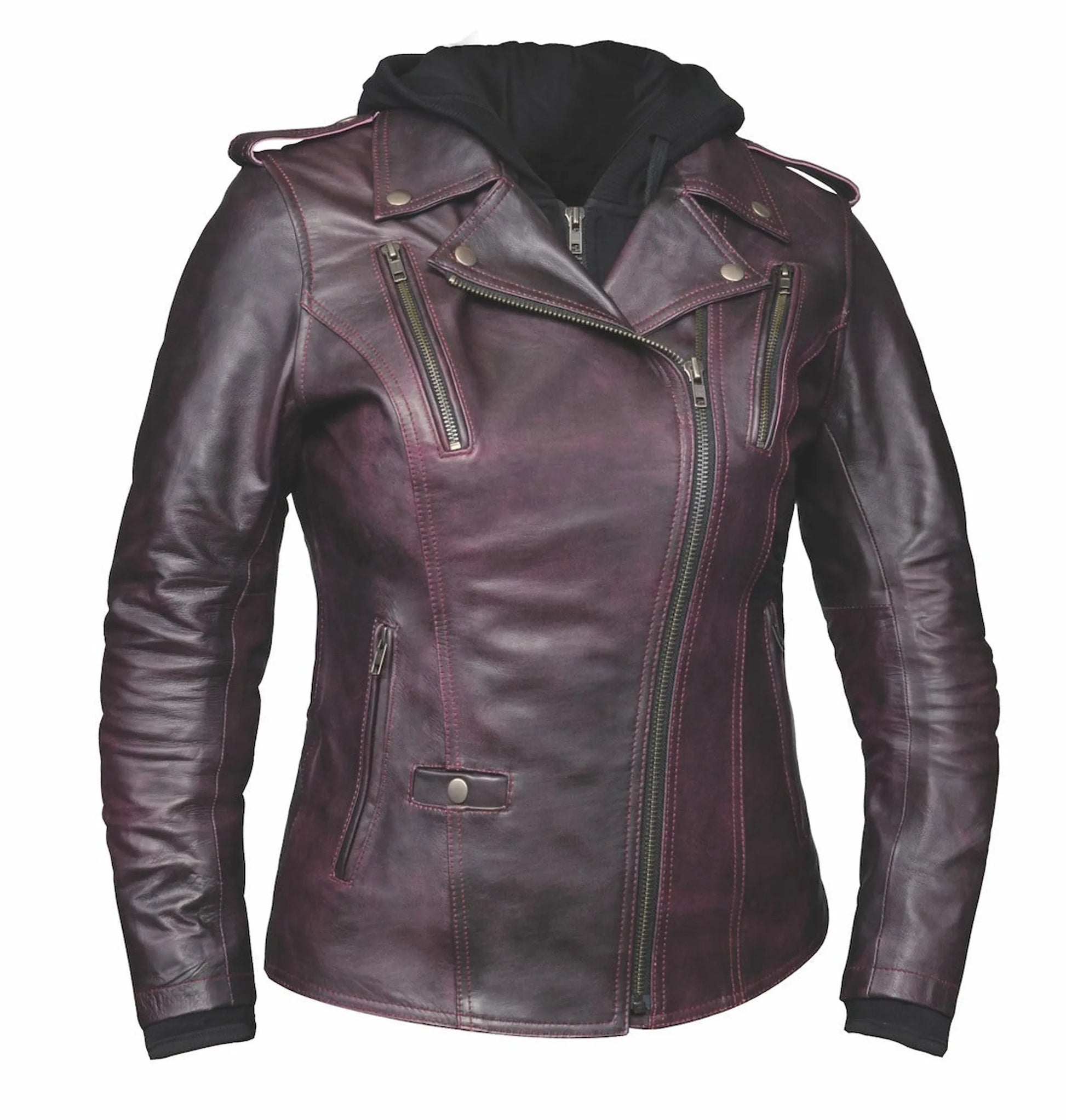6841.17 - Ladies 3-in-1 Leather Jacket in dark burgundy with zippered pockets and detachable black inner layer