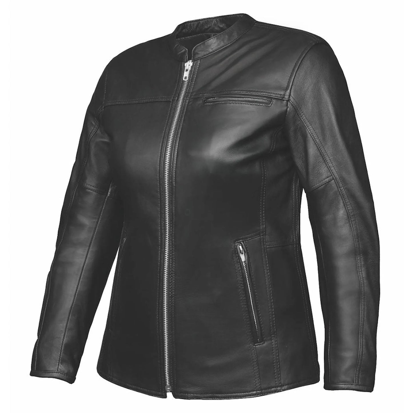 6843.00 - Ladies Spandex Leather Jacket in black with zippered pockets and sleek fitted design for stylish wear