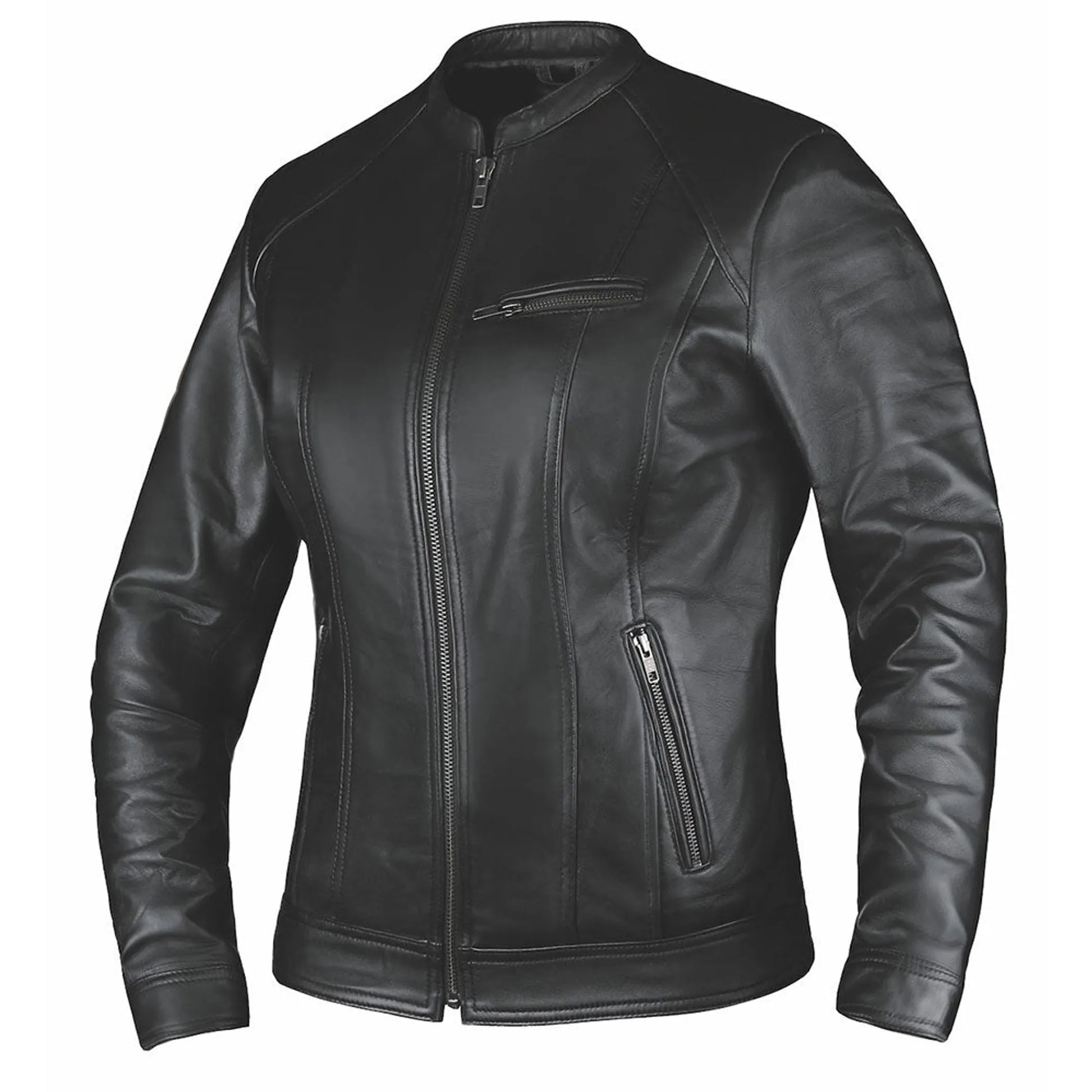 6849.00 - LADIES PREMIUM LEATHER JACKET in black with front zip and zippered pockets, sleek fitted design.