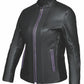 6954.17 - Ladies Purple Wing Leather Jacket black leather with purple zipper accents and stand collar design