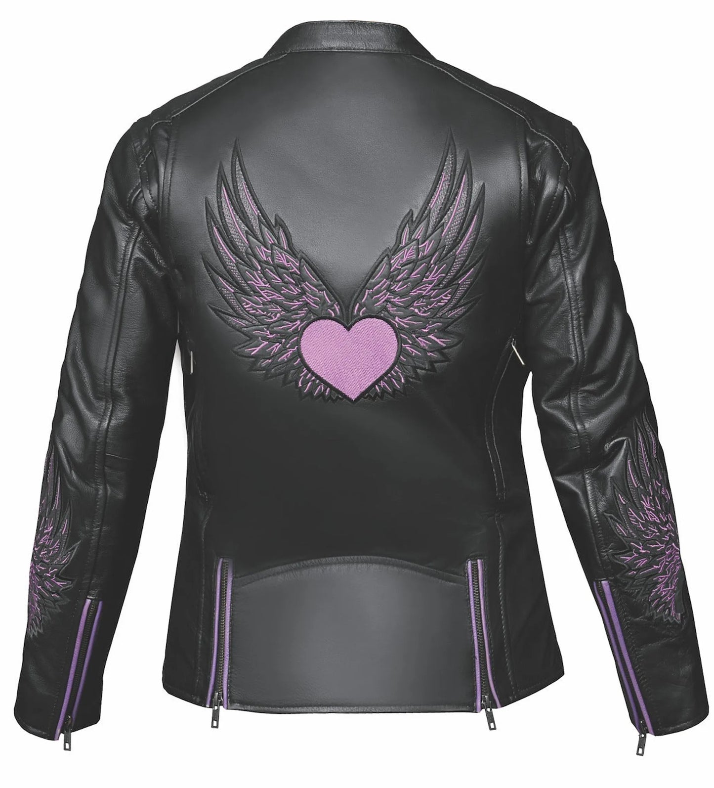 6954.17 - Ladies Purple Wing Leather Jacket with purple embroidered heart and wings design on back and sleeves