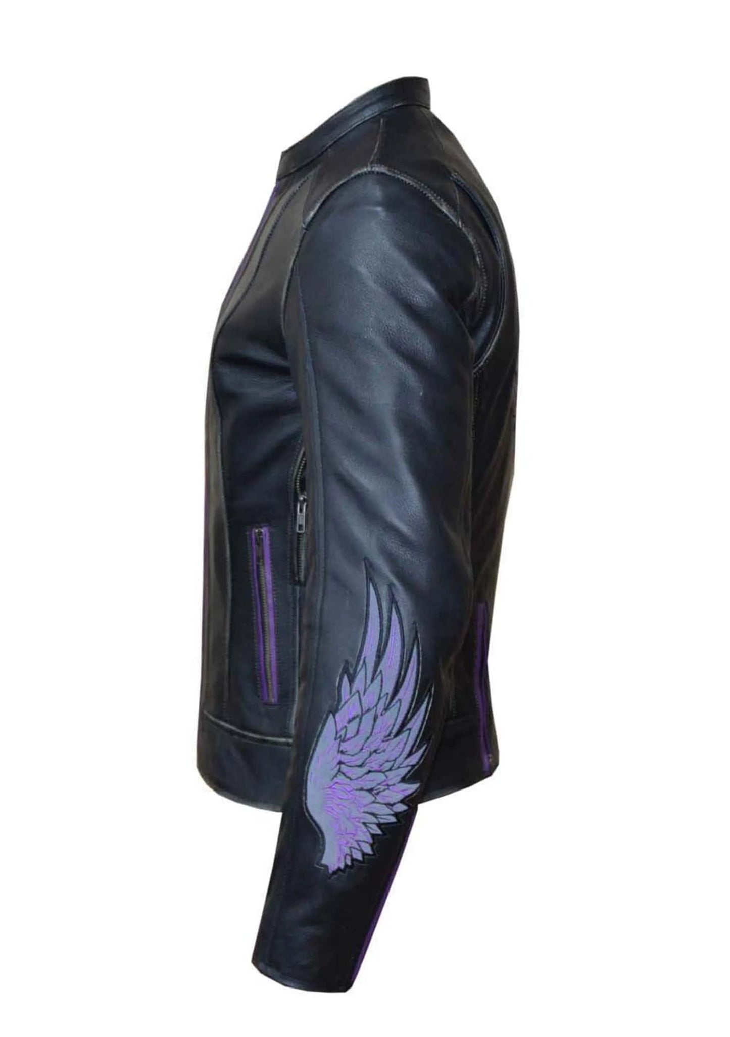 6954.17 - Ladies Purple Wing Leather Jacket side view showing black leather with purple wing design on sleeve and zipped pockets