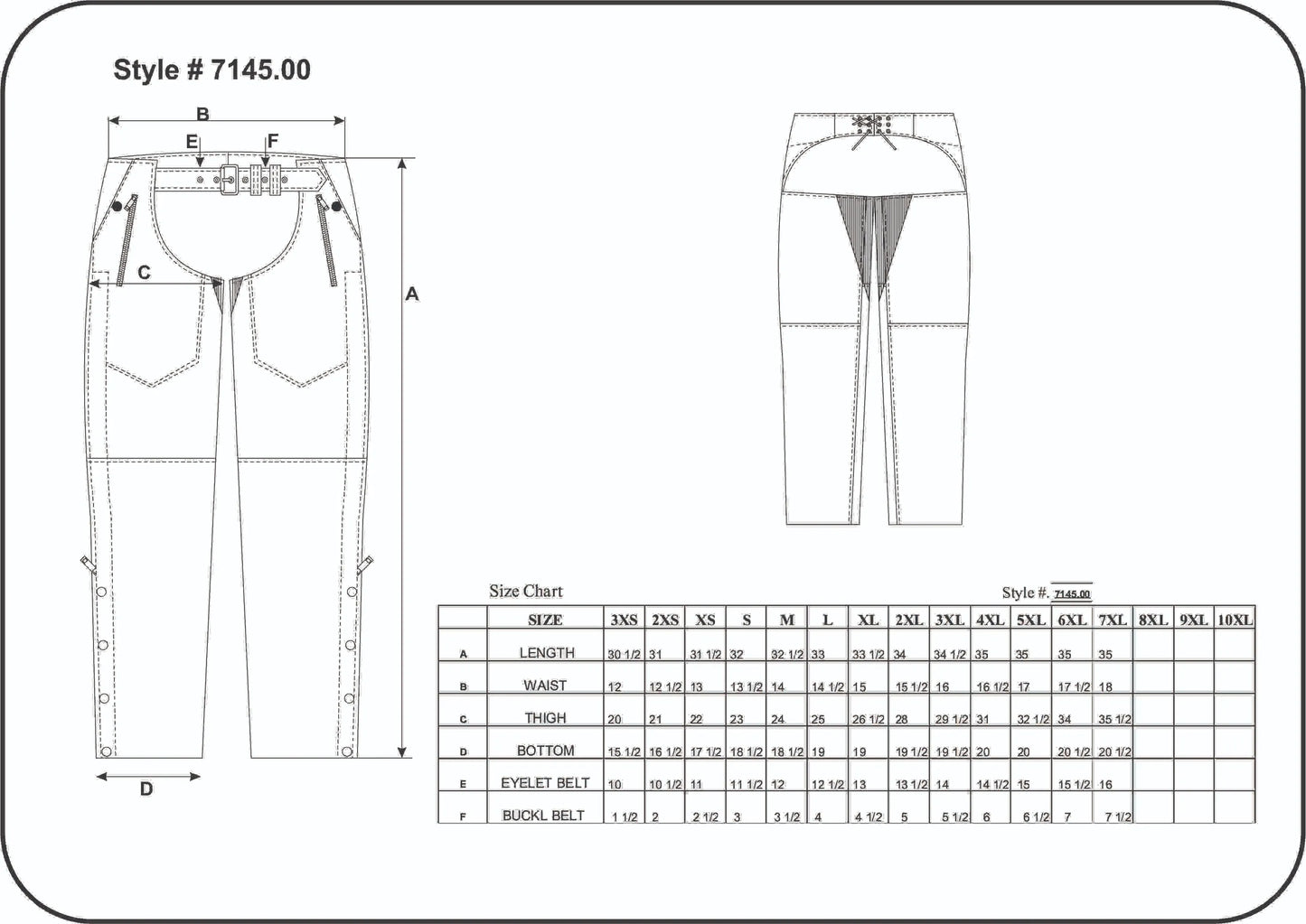Technical drawing and size chart for 7145.K - Unisex Premium Leather 4-Pocket Chaps with Spandex detailing measurements and fits.