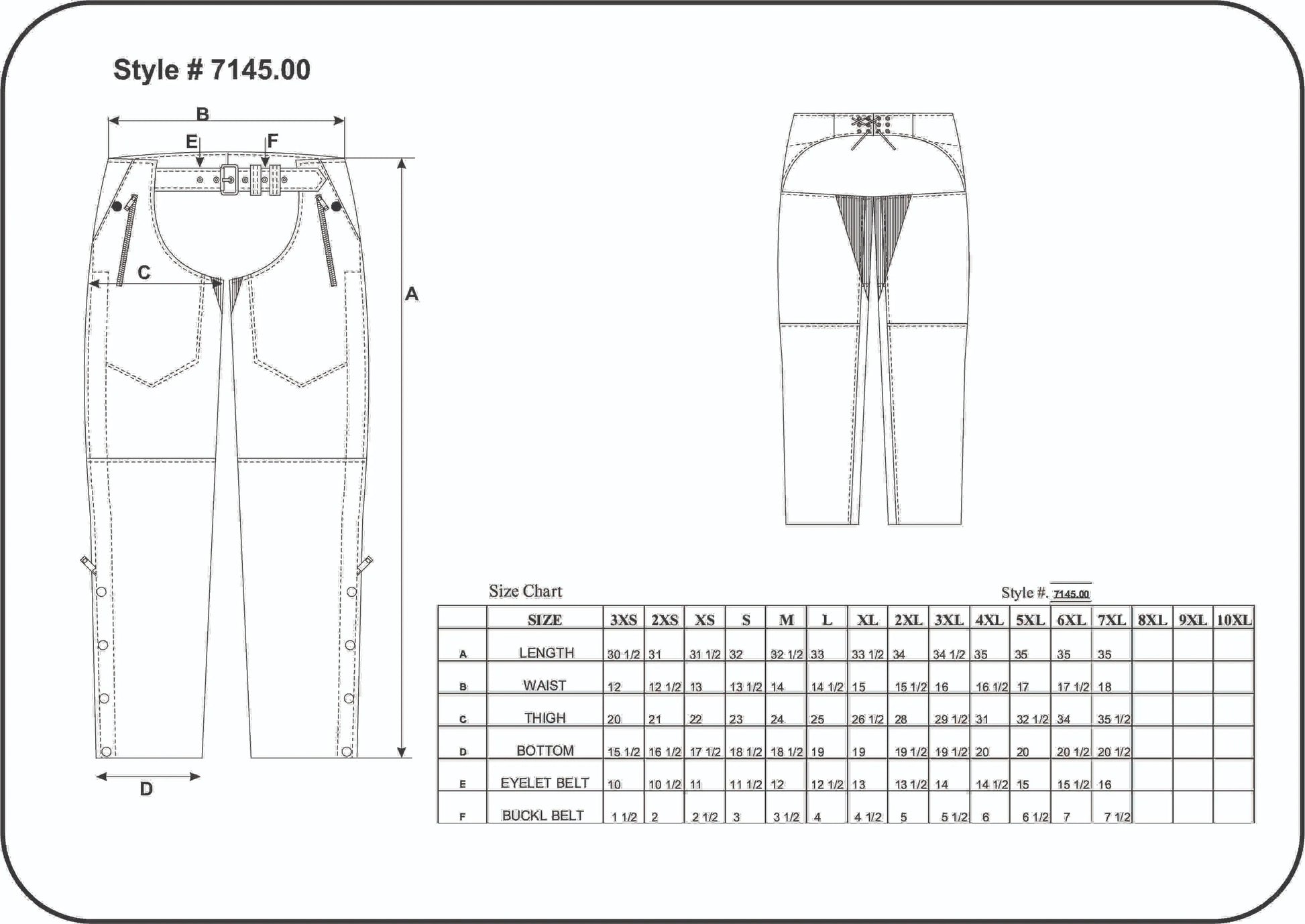 Technical drawing and size chart for 7145.K - Unisex Premium Leather 4-Pocket Chaps with Spandex detailing measurements and fits.