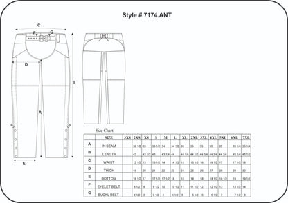 7174.ANT - Ladies Premium Lambskin Leather Chaps size chart with detailed garment measurements and belt specifications.