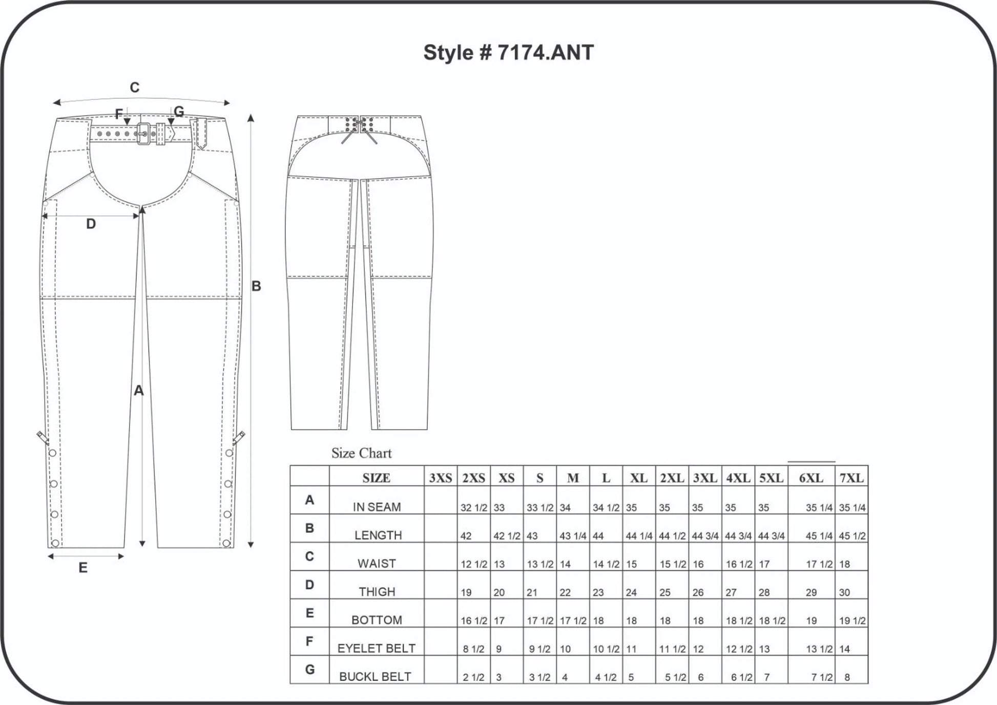 7174.ANT - Ladies Premium Lambskin Leather Chaps technical drawing with detailed size chart for accurate fit guidance.