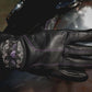 8144.17 - Ladies Full Finger Gloves in black leather with purple stitching and decorative embroidery design