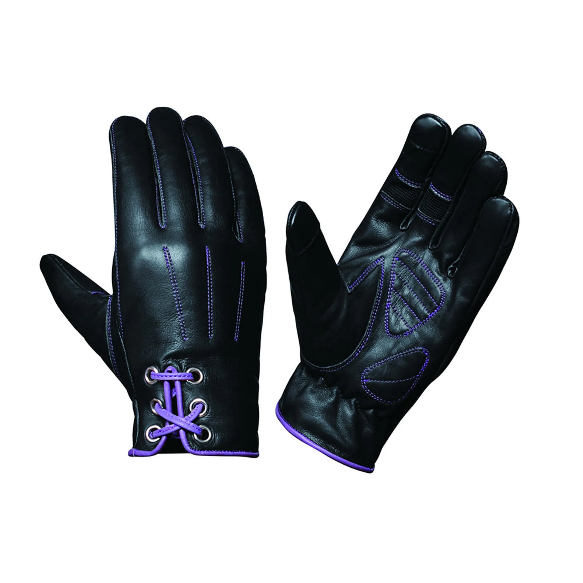 8190.17 - Ladies Full Finger Gloves in black leather with purple stitching and lace-up detail for a stylish fit
