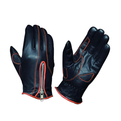 8261.16 - Ladies Full Finger Gloves in black leather with orange stitching and front zipper detail for a sleek fit