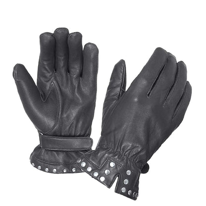 8275.00 - Ladies Full Finger Gloves in black leather with studded wrist straps for stylish protection and warmth