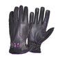 8362.17 - Ladies Full Finger Gloves in black leather with purple stitching and butterfly embroidery for stylish protection.