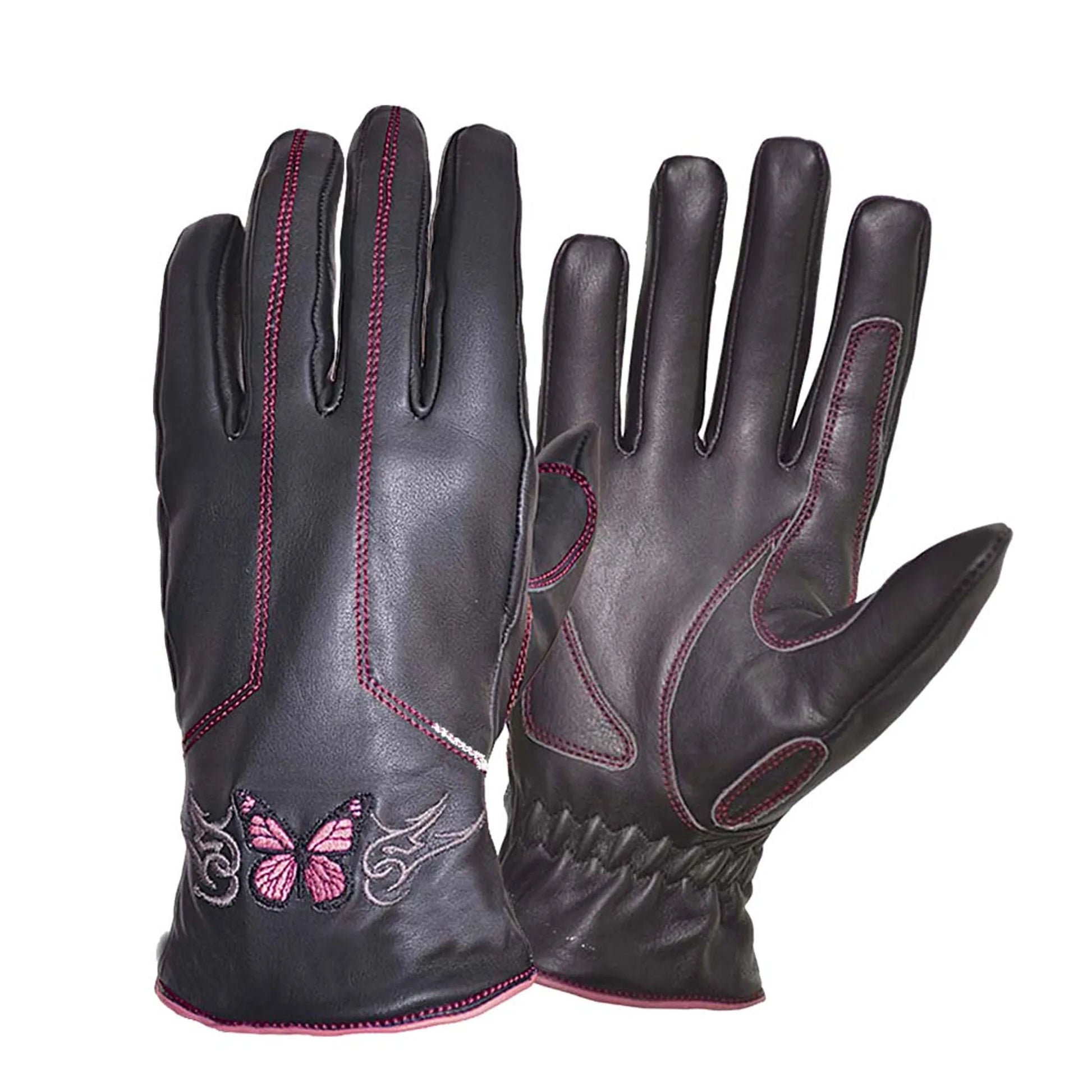 8362.24 - Ladies Full Finger Gloves in black with pink butterfly embroidery and detailed stitching for pet care use