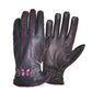 8362.24 - Ladies Full Finger Gloves in black leather with pink stitching and butterfly embroidery detail