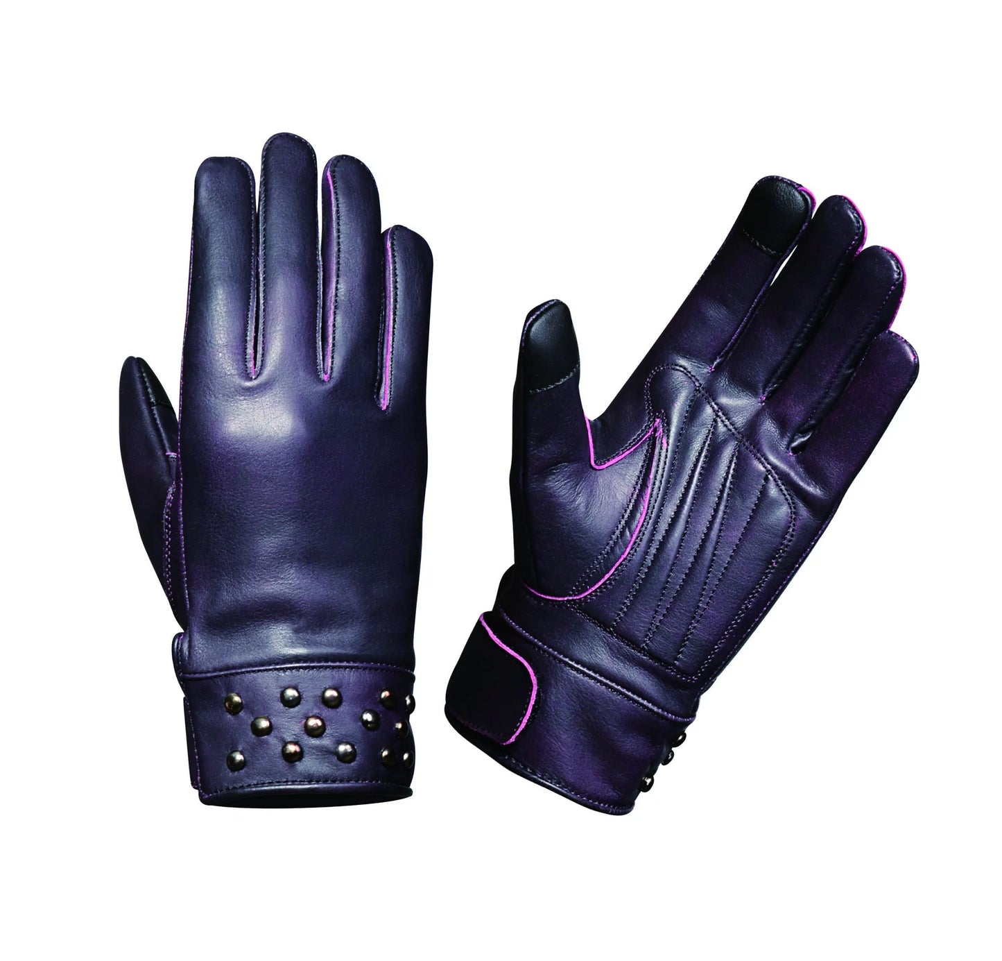 8411.17 - Ladies Full Finger Gloves in dark purple with studded wrist and pink stitching details