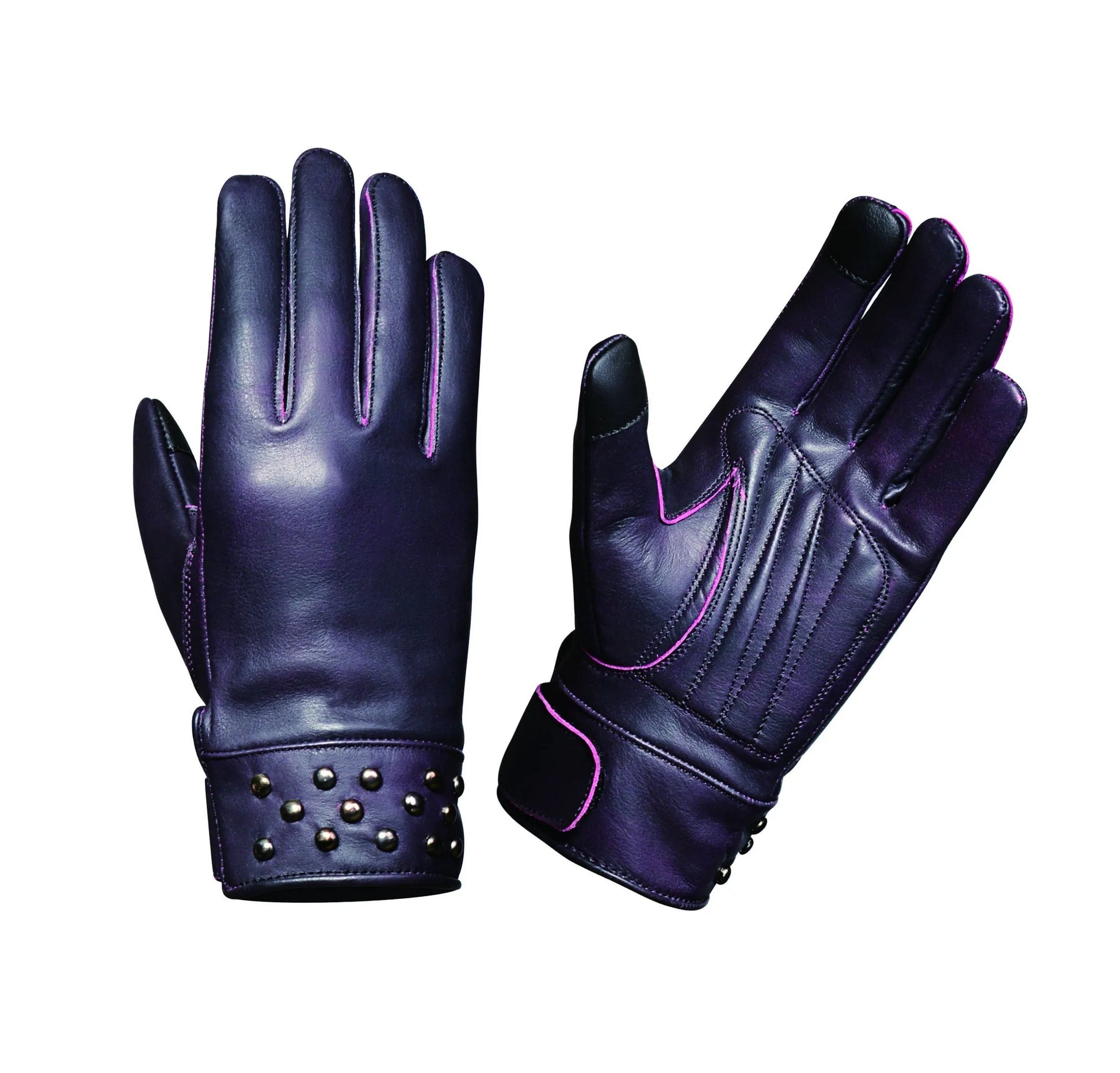 8411.17 - Ladies Full Finger Gloves in purple with studded wrist and pink stitching accents visible on palm and back.