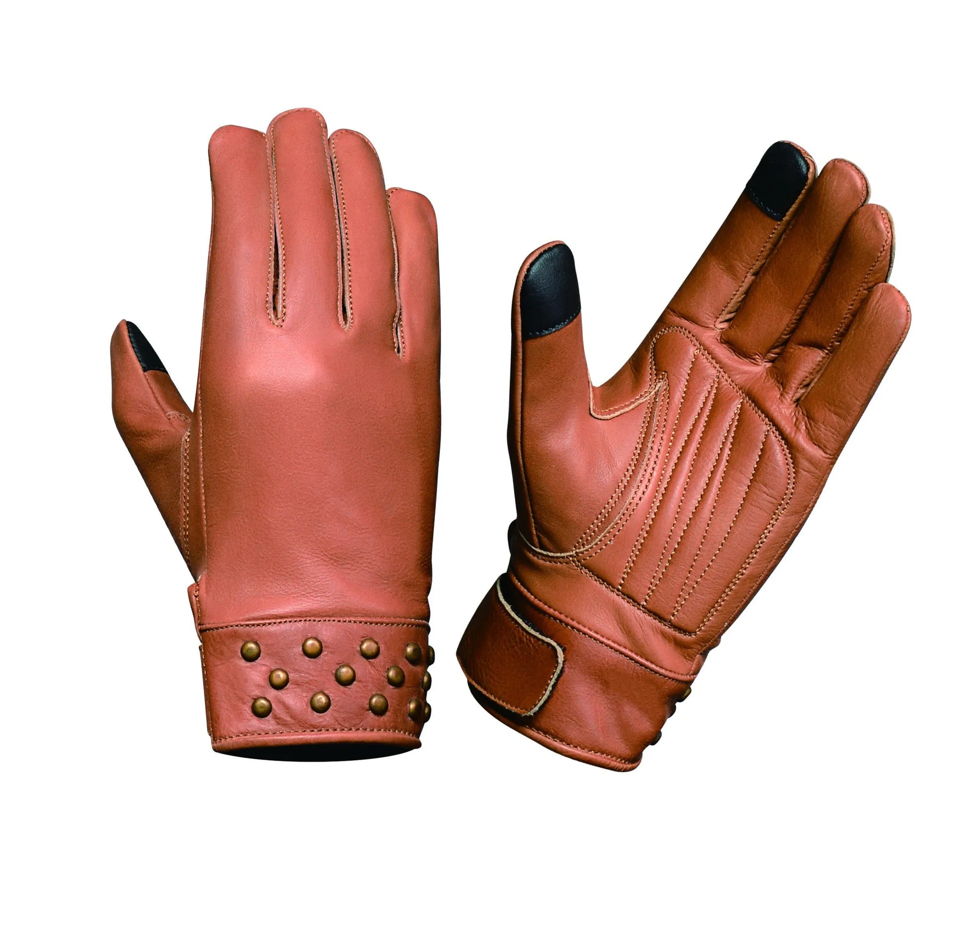8411.ANT - Ladies Full Finger Gloves in tan leather with black fingertip accents and studded wrist detailing