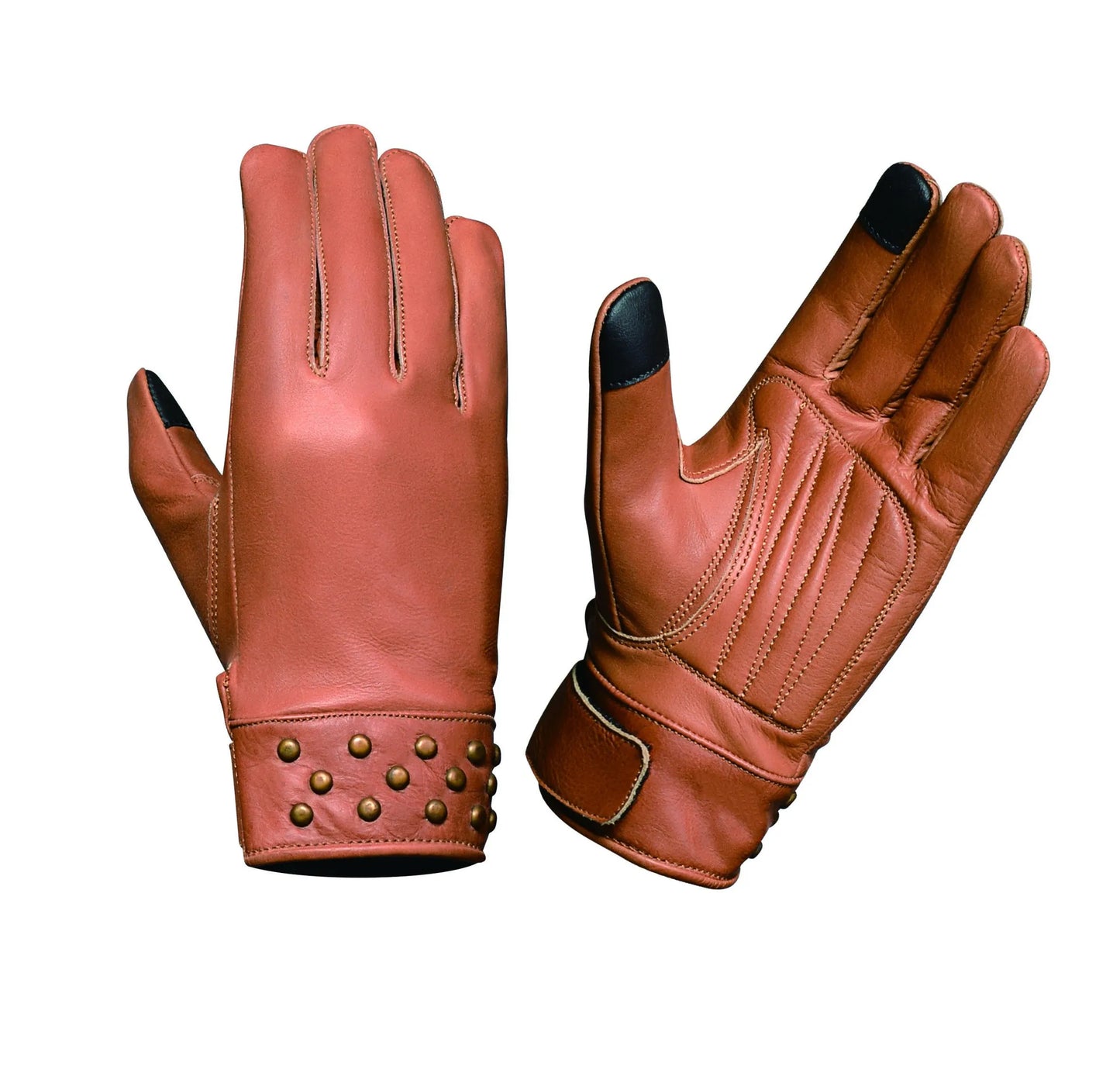8411.ANT - Ladies Full Finger Gloves in tan leather with black fingertip accents and studded wrist detail