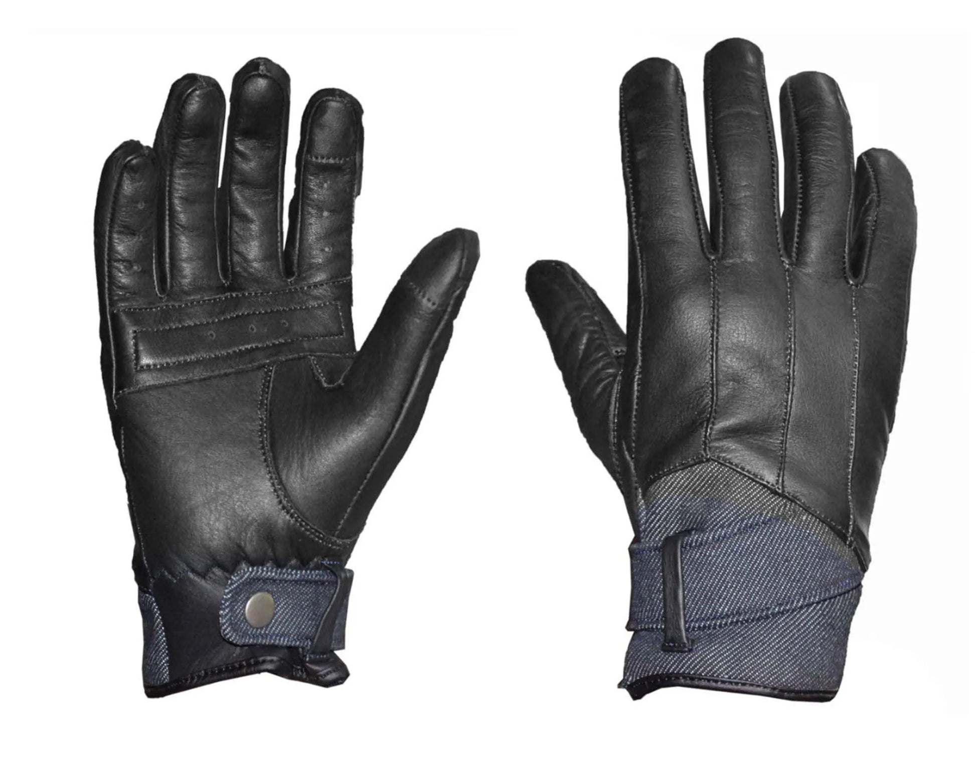 8415.00 - Ladies Full Finger Gloves in black leather with denim cuff and snap button closure for secure fit