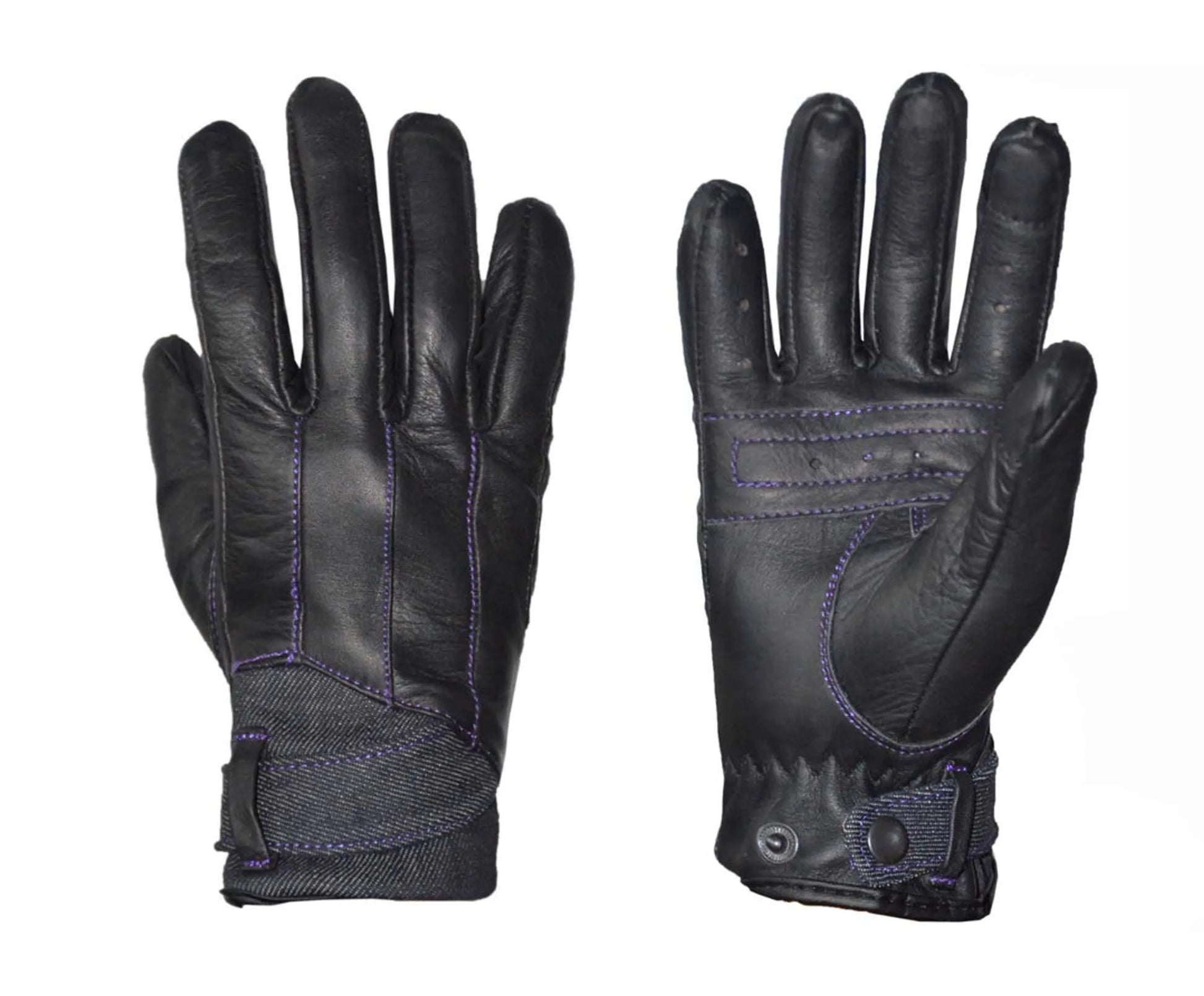 8415.17 - Ladies Full Finger Gloves in black leather with purple stitching, designed for comfort and durability.