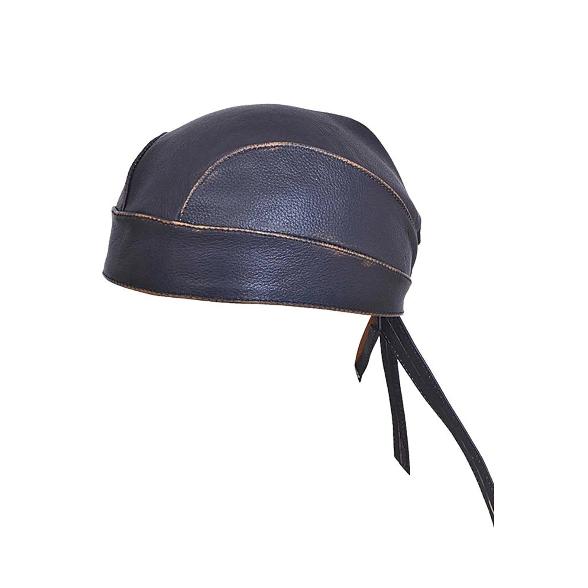 9195.ABR - Mens Premium Leather Headwrap in black leather with stitched detailing and tied back straps