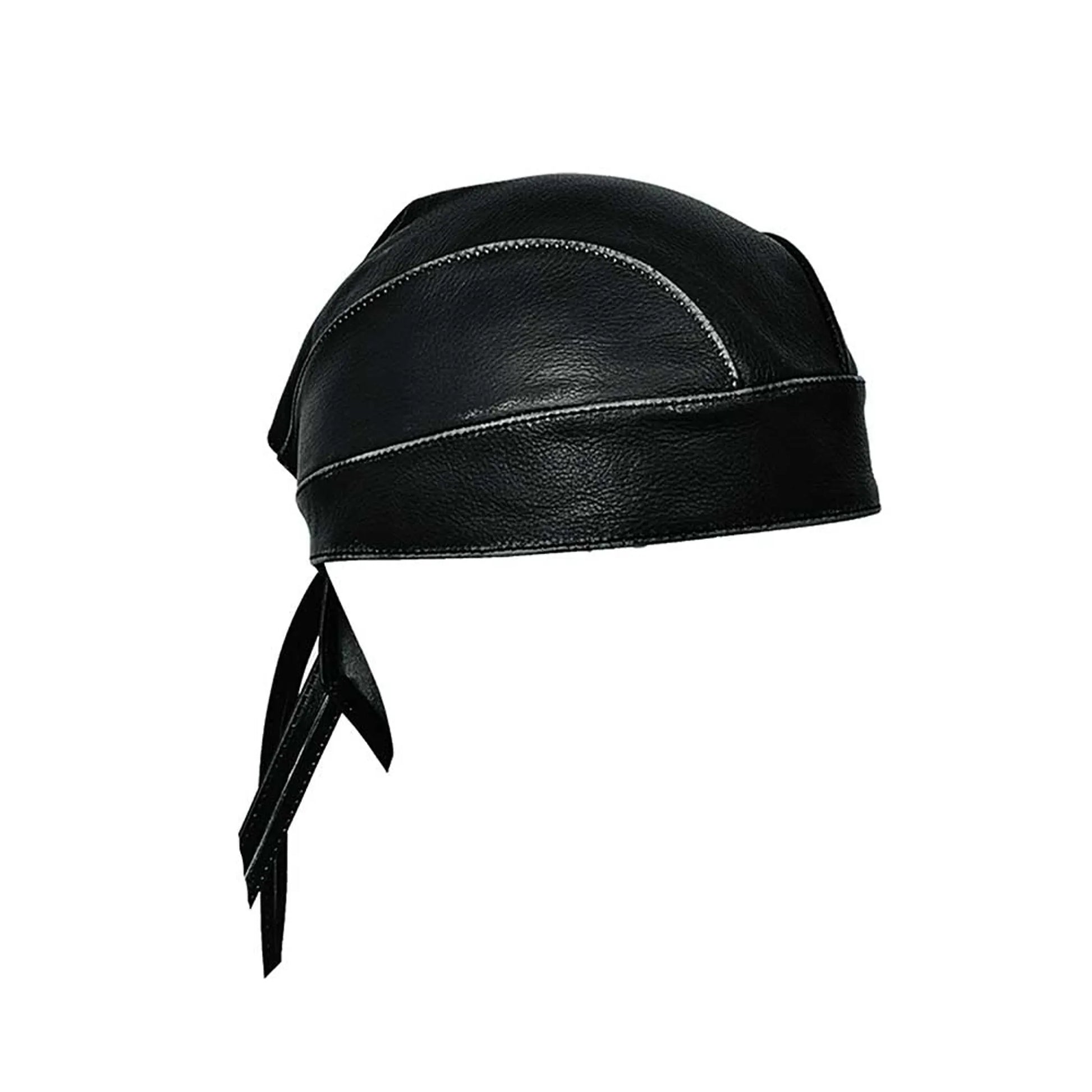 9196.AGR - Mens Premium Leather Headwrap in black, featuring stitch detail and tied back design for style and comfort