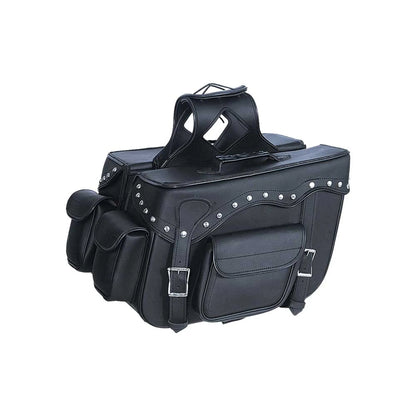 Black leather 9328.ZP - PVC Saddle Bag with studs and multiple pockets, ideal for motorcycle or bike storage.