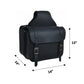 9572.00 - Leather Saddle Bag in black with buckle straps, shown with dimensions for equestrian or pet supply use