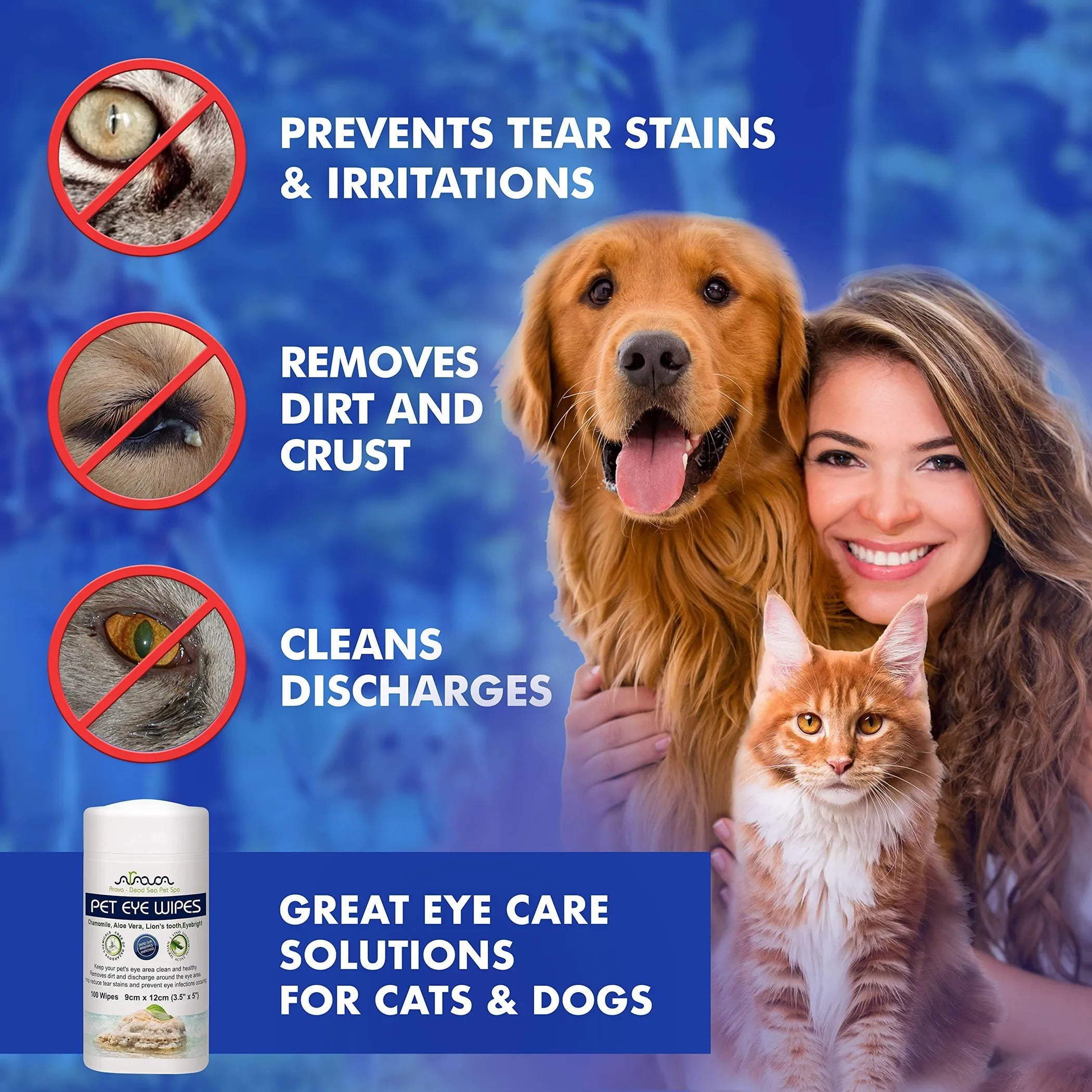 Arava Pet Eye Wipes for Dogs Cats Puppies & Kittens 100 Count Natural and Aromatherapy Medicated Removes Dirt Crust and Discharge Prevents Tear Stain