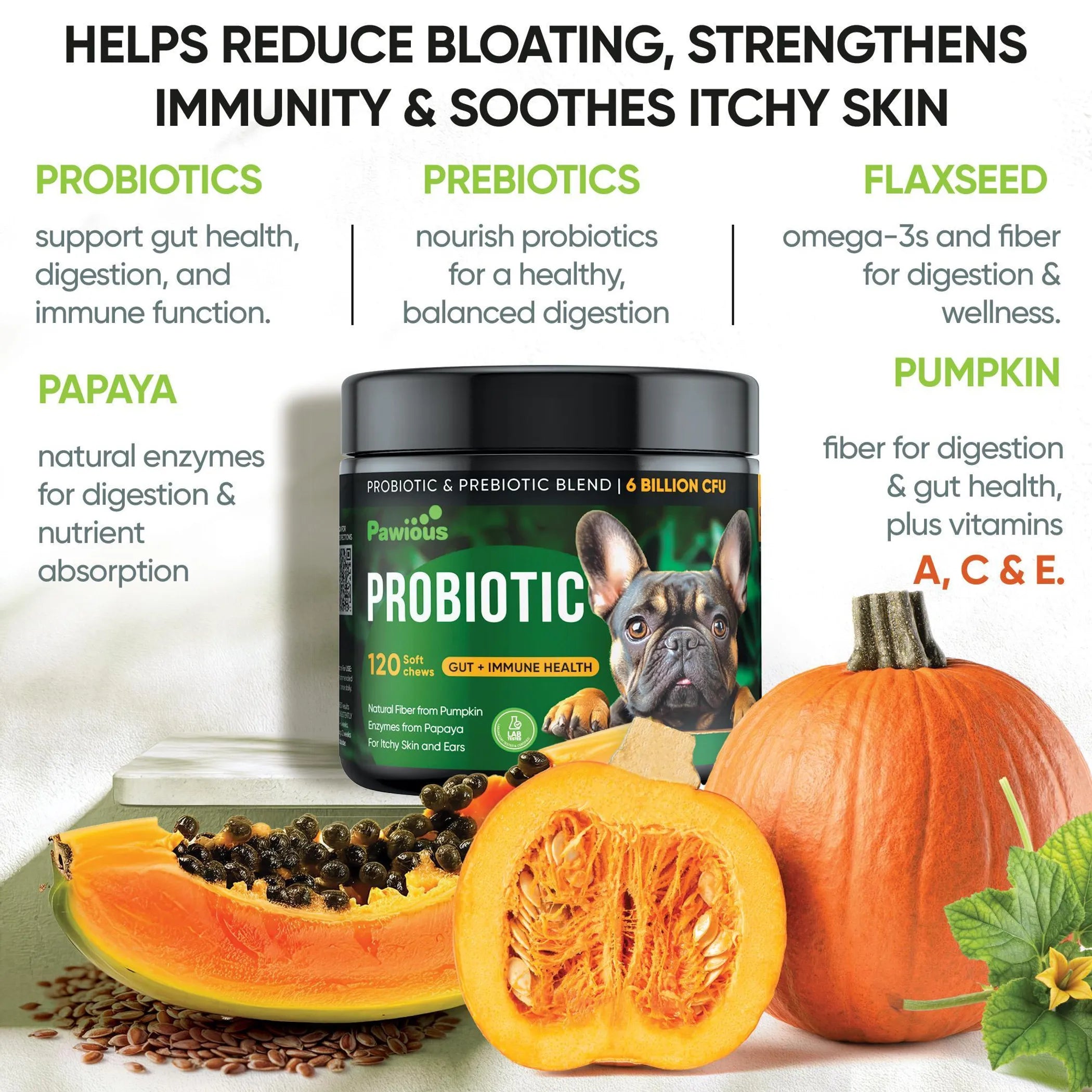 Probiotics for Dogs Digestive Enzymes Gut Flora Digestive Health Immune System Diarrhea Support Itchy Skin Allergies Pumpkin Flaxseed Meal Papaya Powd