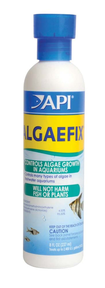 Blue and white AlgaeFix bottle with label showing aquarium fish graphic