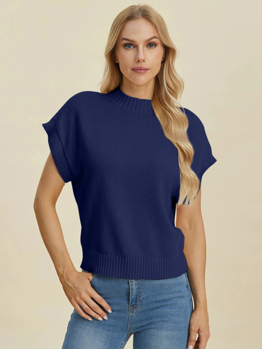 Double Take Full Size Mock Neck Short Sleeve Sweater, Black/3XL, view 12