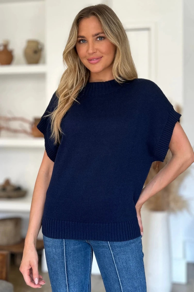 Double Take Full Size Mock Neck Short Sleeve Sweater, Navy/1, view 3