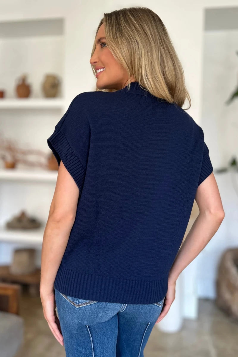 Double Take Full Size Mock Neck Short Sleeve Sweater, Black/1, view 7