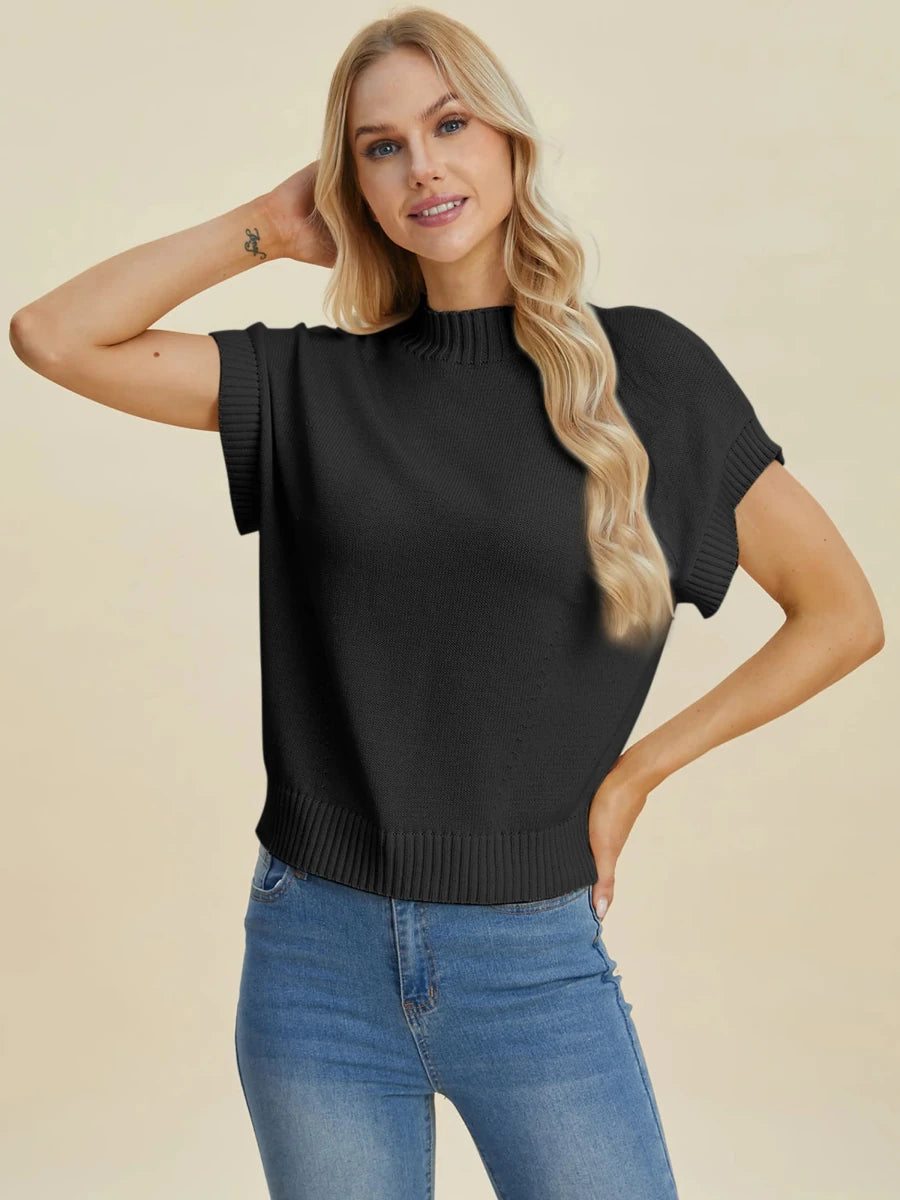 Double Take Full Size Mock Neck Short Sleeve Sweater, Purple/1, view 14