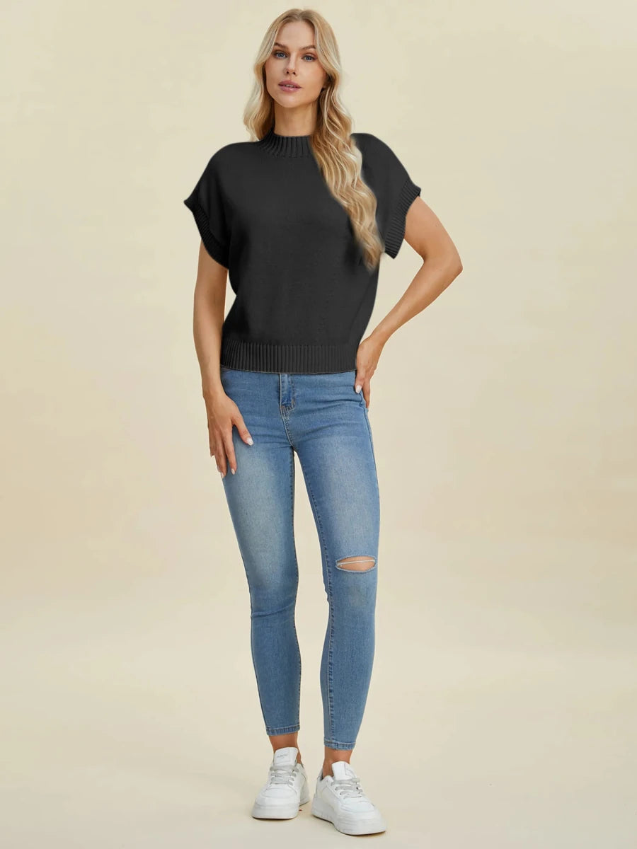 Double Take Full Size Mock Neck Short Sleeve Sweater, Cream/1, view 20