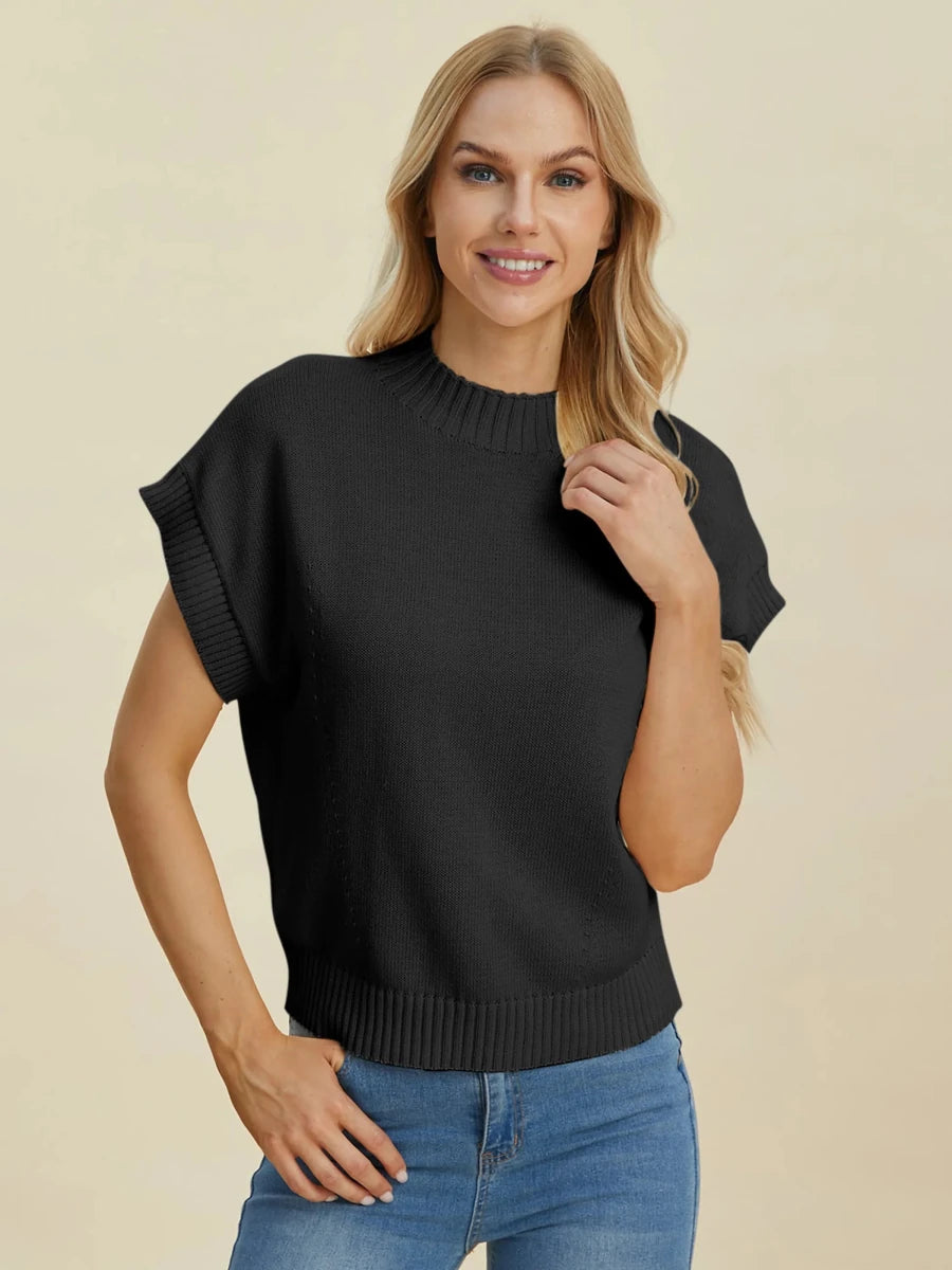 Double Take Full Size Mock Neck Short Sleeve Sweater, Purple/2XL, view 17
