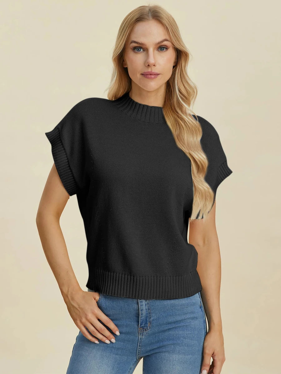 Double Take Full Size Mock Neck Short Sleeve Sweater, Purple/3XL, view 18