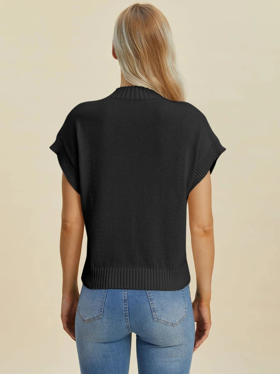 Double Take Full Size Mock Neck Short Sleeve Sweater, Cream/1, view 19