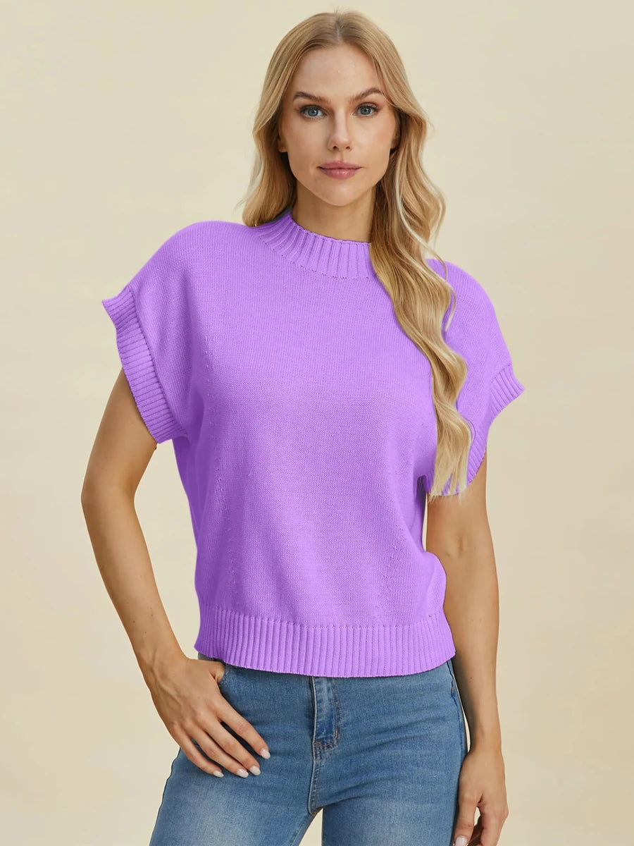 Double Take Full Size Mock Neck Short Sleeve Sweater, Cream/XL, view 22
