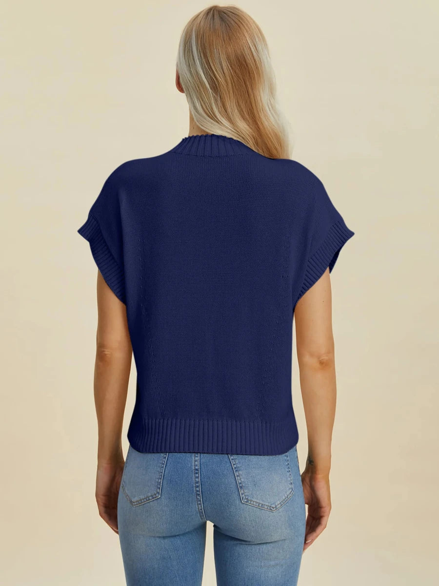 Double Take Full Size Mock Neck Short Sleeve Sweater, Black/1, view 8
