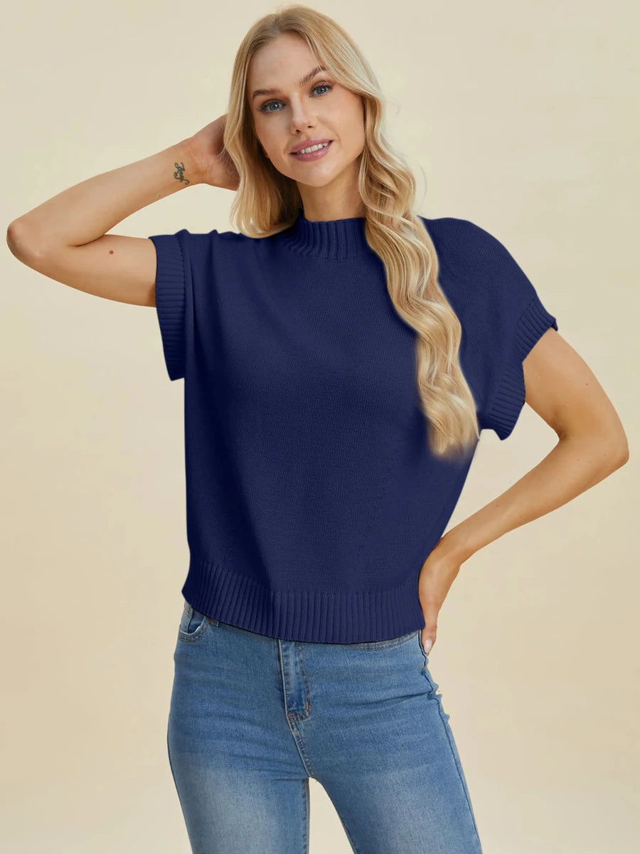 Double Take Full Size Mock Neck Short Sleeve Sweater, Black/XL, view 10