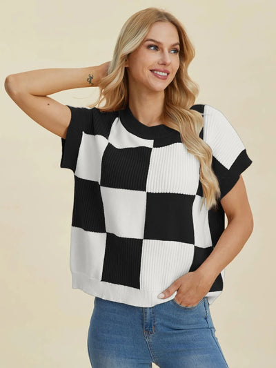 Double Take Full Size Checkered Round Neck Short Sleeve Sweater, Black/1