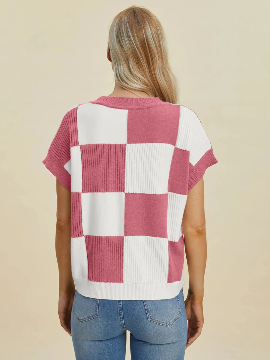 Double Take Full Size Checkered Round Neck Short Sleeve Sweater, Dusty pink/M, view 8