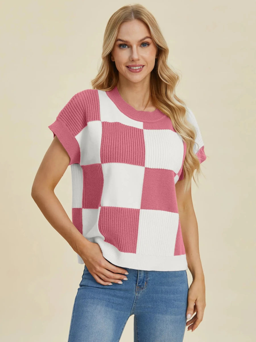 Double Take Full Size Checkered Round Neck Short Sleeve Sweater, view 29